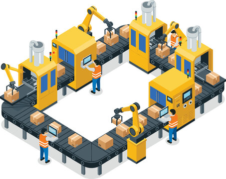 Isometric smart factory conveyor belt system with robotic arms industrial workers packing boxes and automated production line machinery.