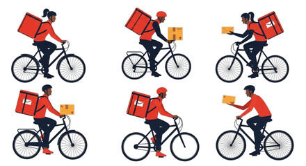 Fototapeta premium Illustrations of Bicycle Couriers Delivering Packages in the City