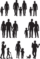 Silhouettes of families with children and pets in various poses