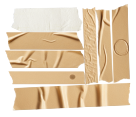 a collection of various pieces of beige and white adhesive tape, some creased and torn, arranged flat against a transparent background for graphic design elements.