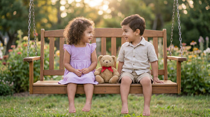 Fototapeta premium Valentine's Day Swing Joy: Curly-Hair Girl and Short-Hair Boy Sitting on Wooden Swing with Teddy Bear, Smiling and Looking at Each Other in Blooming Garden