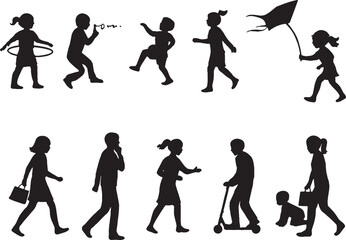 Silhouettes of children playing and engaging in activities