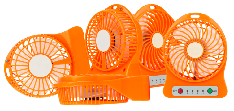 group of vibrant orange portable mini usb fans with multiple speed settings displayed on a transparent background. - Powered by Adobe