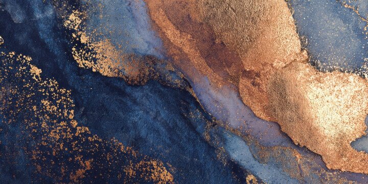 Abstract fluid art with swirling navy blue and rich copper textures.
