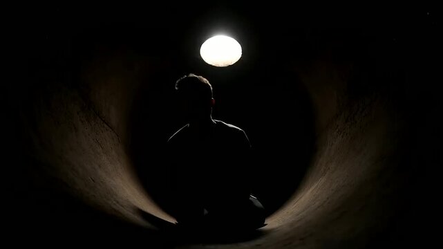 Isolated man in dark pipe looks at distant light, representing hope amidst despair and the critical need for Mental Health Awareness.