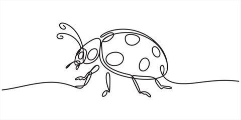 Minimalist one line art drawing of a ladybug with distinctive spots on a clean white background © S Arts & Culture