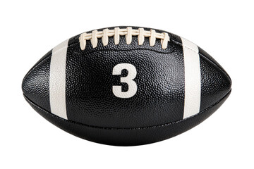 A black and white American football with the number 3 in white on its surface