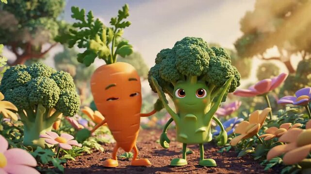 Animated carrot and broccoli characters in a colorful garden setting