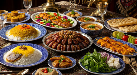 Obraz premium Persian Ramadan Iftar Food with Dates and Traditional Dishes