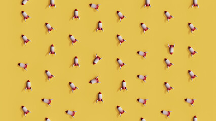 3D rendering of stylized rockets scattered across bright yellow background,