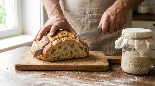 Baker slicing fresh crusty sourdough bread, Hands cutting homemade loaf on wooden board, Artisanal bread baking with sourdough starter, active sourdough in a jar