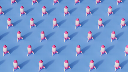 3D rendering of stylized rockets arranged in symmetrical grid on blue surface