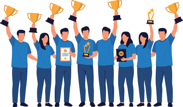 Team celebrating success with trophies and awards, a moment of achievement and recognition for a job well done