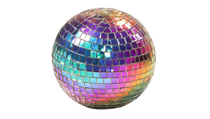Reflective spherical object covered in small, colorful, square mirrored tiles