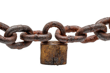 Obraz premium Close-up of a rusty metal chain securing a weathered padlock against a black background