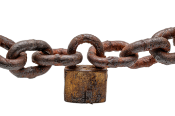 Close-up of a rusty metal chain securing a weathered padlock against a black background
