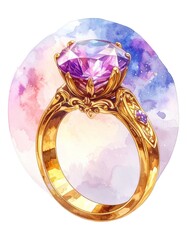 ルノルマンカード「指輪」クラシカルなアメジストの指輪の水彩画イラスト
Lenormand Ring &ndash; Classic Amethyst Ring Watercolor Illustration