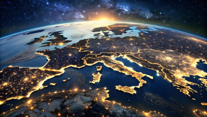 Europe at night from space with glowing city lights and starry sky backdrop