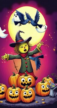 halloween, calabaza, bruja, oto&ntilde;al, vacaciones, vector, noche, ilustraci&oacute;n, dibujos animados, luna, horror, asustadizo, octubre, felinos, celebraciones, anaranjada, bate, moreno, alarmante, gorros, ne