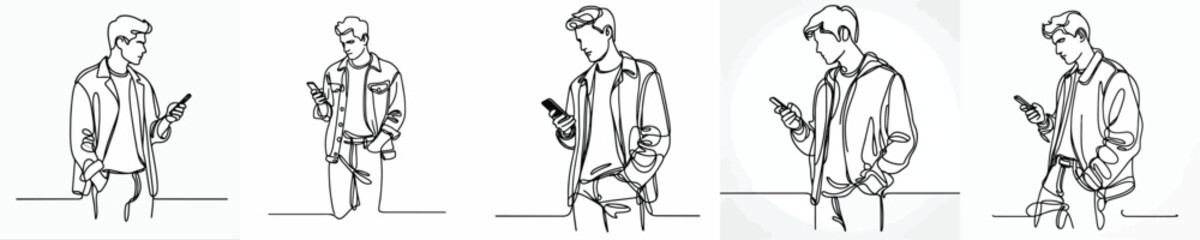 line art of a man holding a cellphone playing social media