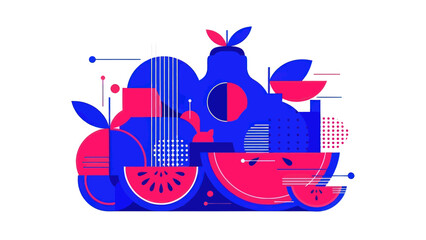 Abstract Geometric Fruit Composition with Blue and Red Tones.