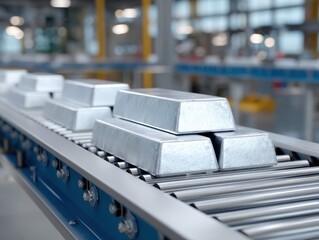 Fototapeta premium Stacks of shiny metal ingots moving along an industrial roller conveyor belt in a factory setting.