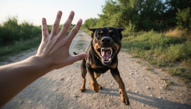 An aggressive Rottweiler dog is barking and snarling with teeth visible, charging towards a person's outstretched hand on a dusty outdoor road.