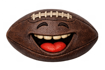 Football ball character showing a big smile, happiness and humor with an open mouth, tongue, and teeth. Transparent background