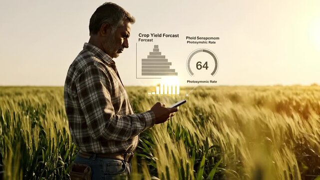 A farmer monitors golden crop yield data using a glowing ai interface in a cinematic wheat field.