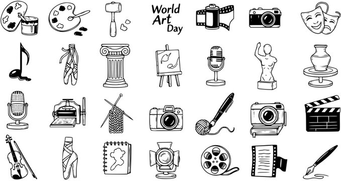 Hand-Drawn Black  White Line Art Icons Set for World Art Day, featuring a collection of Art, Craft, Music, Dance, Photography, and Sculpture Symbols.