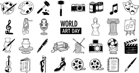 Black and White Line Art Icons of Art and Creative Professions, World Art Day Celebration © arulumia