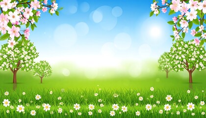 Lush green meadow with blossoming trees and flowers under a bright blue sky, sunny landscape illustration