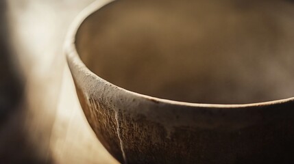 Close-up shot of a weathered, handmade ceramic bowl showcasing its texture and earthy tones, a testament to artisanal craftsmanship