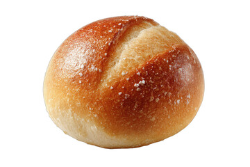 Golden-brown baked bread roll with a cracked top and coarse salt