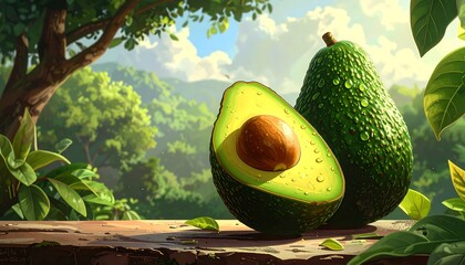 Lush illustration of two avocados on a wooden surface, one halved. Verdant foliage and a bright sky create a vibrant scene