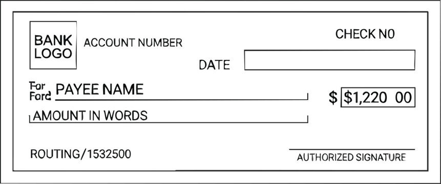 Clean vector illustration of a blank bank check with placeholders for payee, date, amount, account, and routing numbers, ideal for financial concepts.