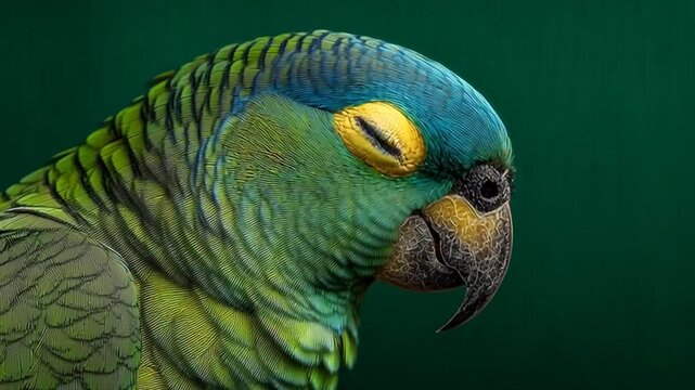 Close-up profile shot of a vibrant green parrot with blue and yellow markings on its face against a dark green background.