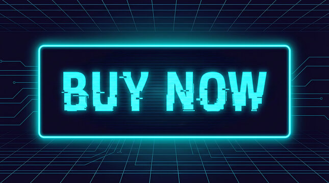 Futuristic Digital Buy Now Button with Glitch Effect.