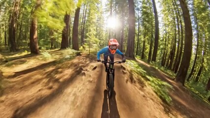 Young person riding mountain bike fast down dirt trail through sunlit forest trees, action shot