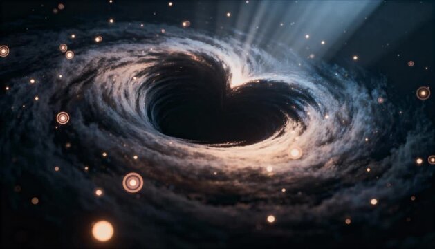 Abstract swirling heart vortex of glowing light points emerging from center and dissipating for valentines day and romantic futuristic energy background