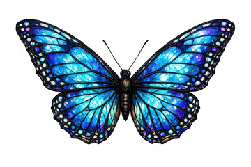 Obraz premium Stained glass butterfly art creating a vibrant color mosaic pattern, featuring iridescent blue and purple insect wings
