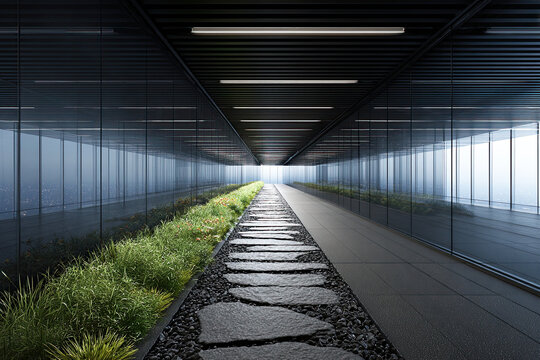 A modern corridor featuring glass walls, illuminated by overhead lights, leading to a lush green area with stone pathways.