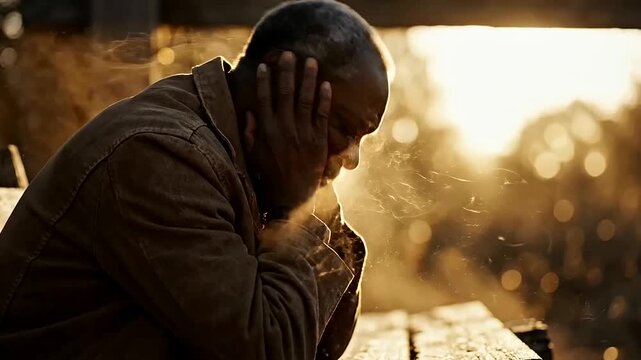 Senior Black man overwhelmed by sorrow and despair, clutching his head in a poignant moment of introspection, advocating Mental Health Awareness.