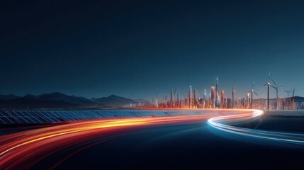 Obraz premium A winding road with light trails leading towards a futuristic cityscape with wind turbines and illuminated skyscrapers against a dark sky.