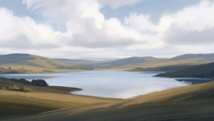 Fototapeta premium Tranquil landscape scene a still lake amidst rolling hills under a cloudy sky