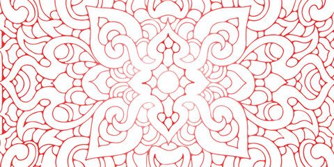 A detailed red line art pattern featuring a balanced mandala with swirling flourishes and interlacing shapes. Ideal for backgrounds, textiles, wallpaper, or design projects seeking elegance,