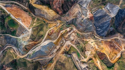 Obraz premium Aerial view of a large, complex mining operation with winding roads and machinery in a rugged, mountainous landscape.