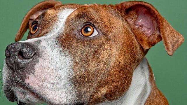Close-up portrait of a brown and white pit bull dog with a green background, looking up with a curious expression.
