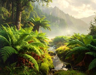 Lush landscape scene with ferns, a stream, and mountains bathed in golden sunlight filtering through the mist