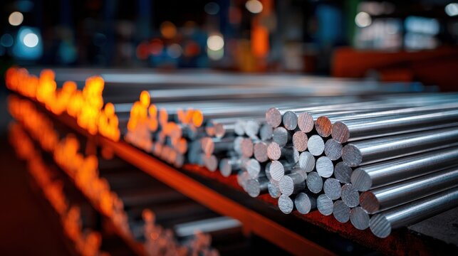 A row of metal rods in a factory setting.